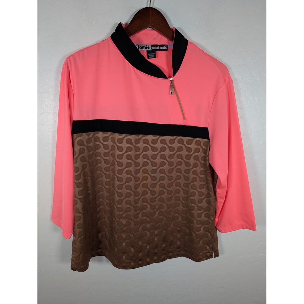 Jamie Sadock Pullover Womens Large Pink Brown 1/4‎ Zip Golf Top Stretch Pattern